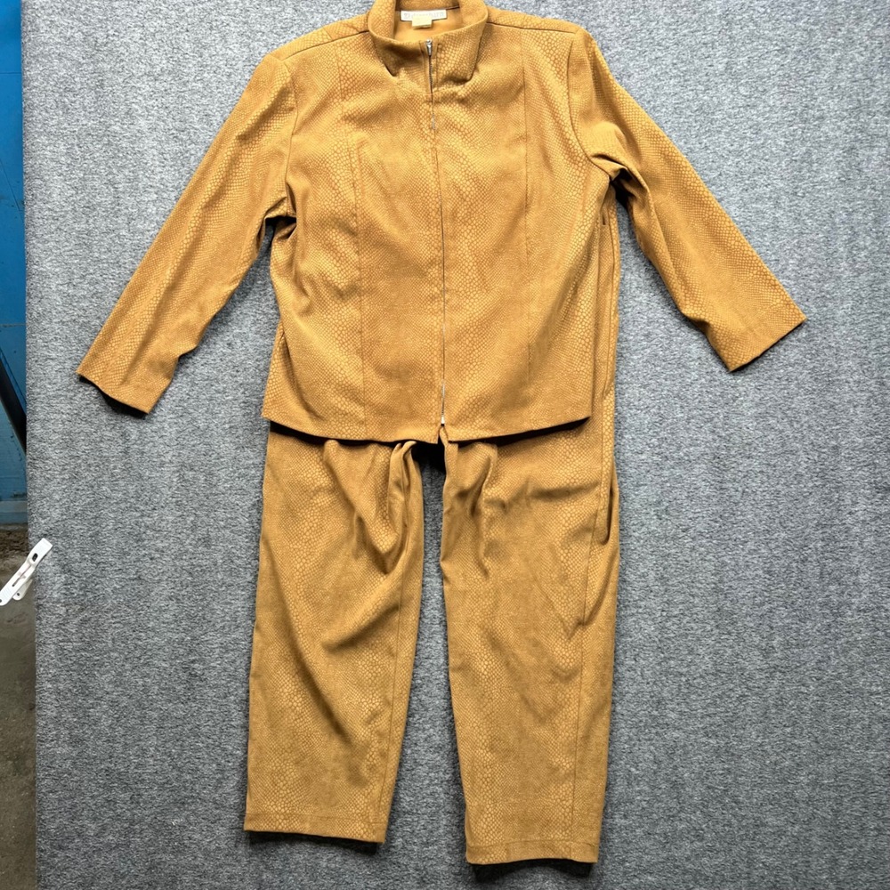 Vintage Dressbarn Pant Suit Women 12/M Yellow USA Snakeskin Textured Jacket Set